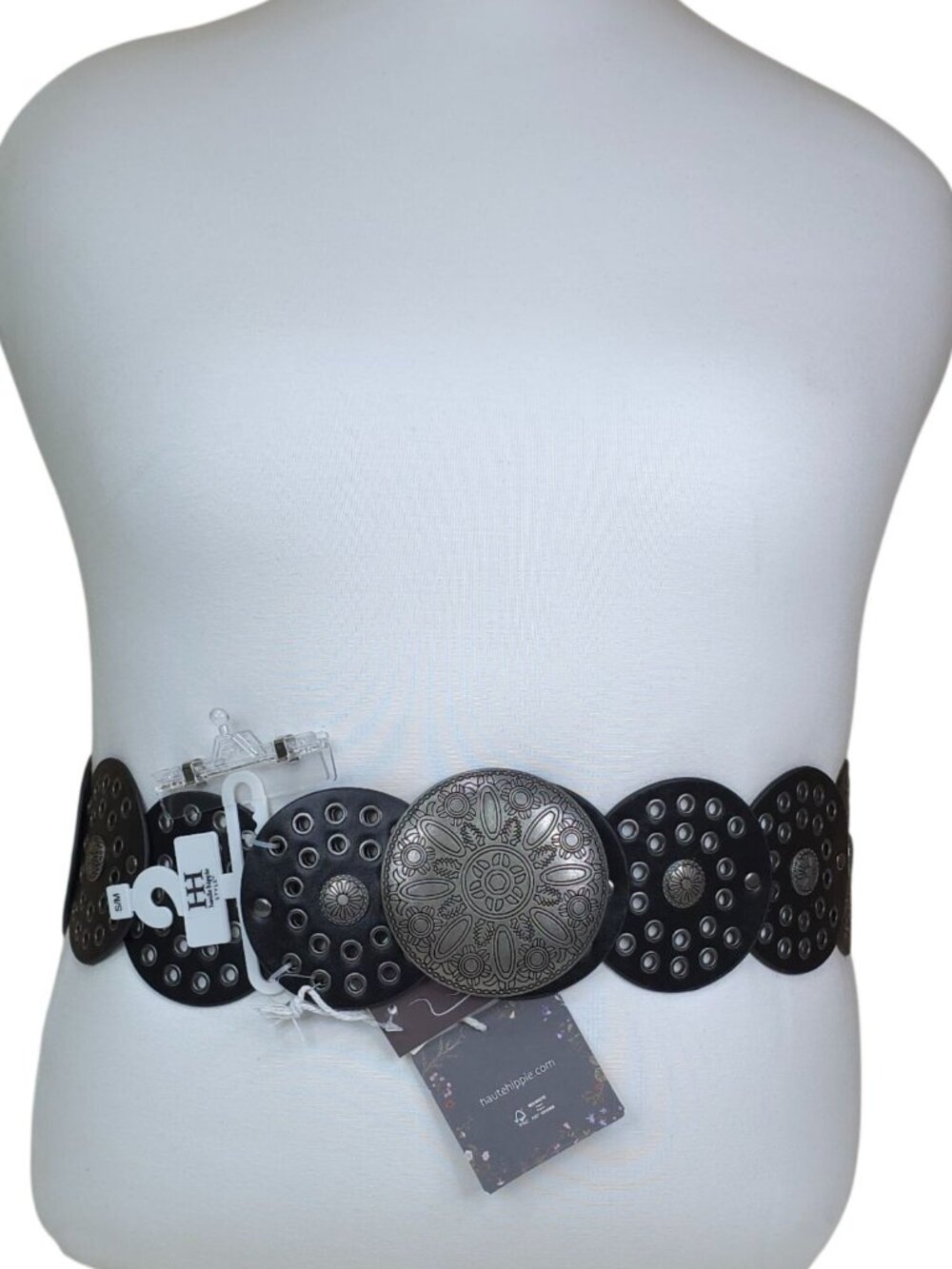 Haute Hippie Retro 70s Moroccan Grommet Disc Belt S/M Black Adjustable 3.5" Wide